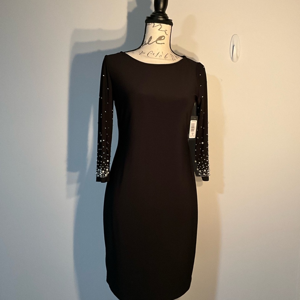 Tiana B. Black Dress with 3/4 Embellished Sleeves NWT SZ SMALL